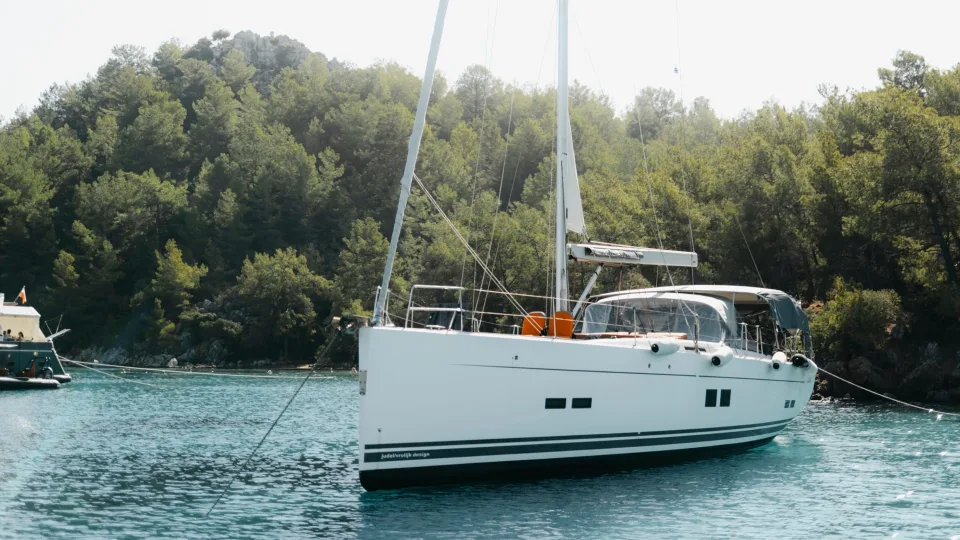 Generic sailing yacht illustration: a white monohull anchored off Selimiye, Turkey