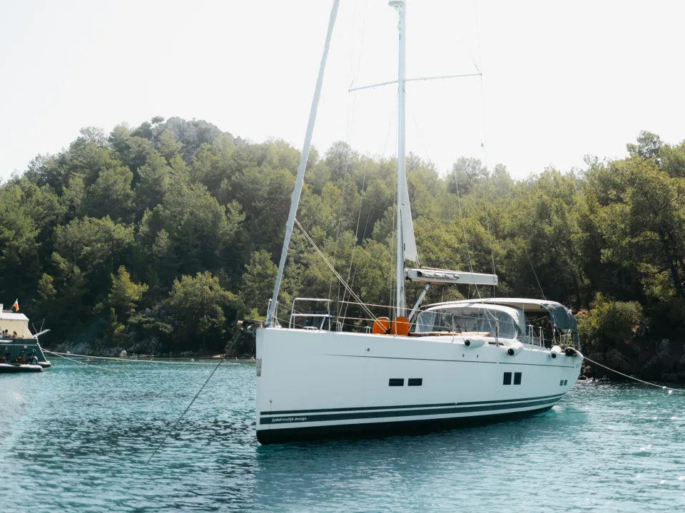 Generic sailing yacht illustration: a white monohull anchored off Selimiye, Turkey