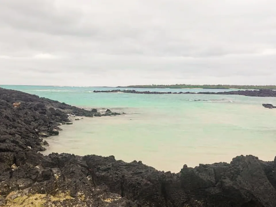 Black volcanic rocks and turquoise coastal water in the Galapagos Islands, Ecuador