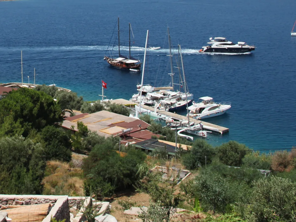 Generic sailing catamaran illustration: twin-hull yachts moored at Bozburun, Turkey