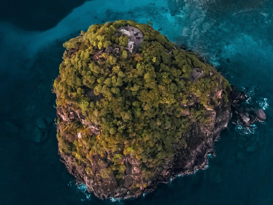 Wooded rocky islets and turquoise coastal water in Saint Vincent and the Grenadines