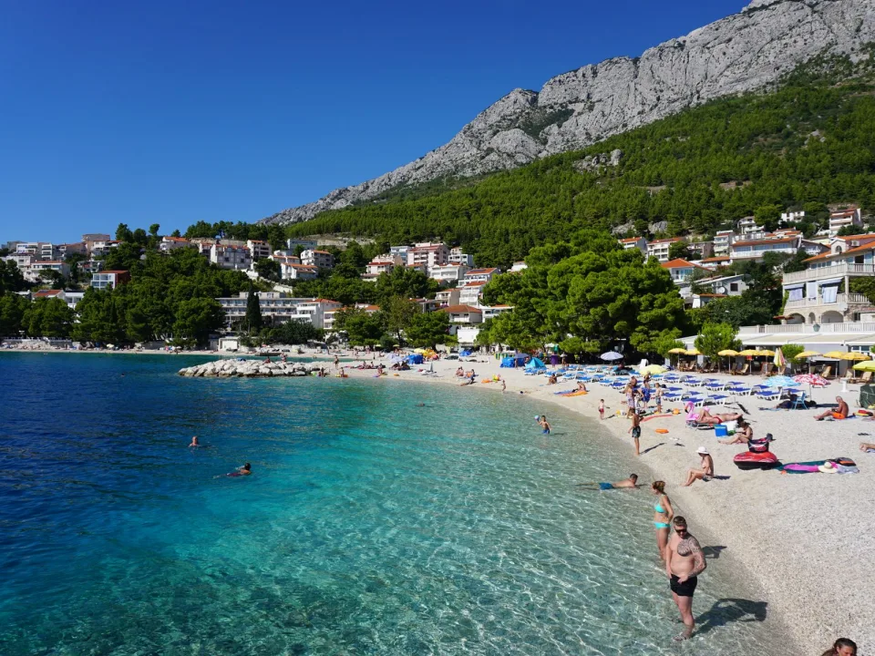 The coast at Baška Voda beside clear Adriatic water.