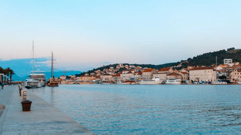 Boats and waterfront buildings at Trogir harbour.