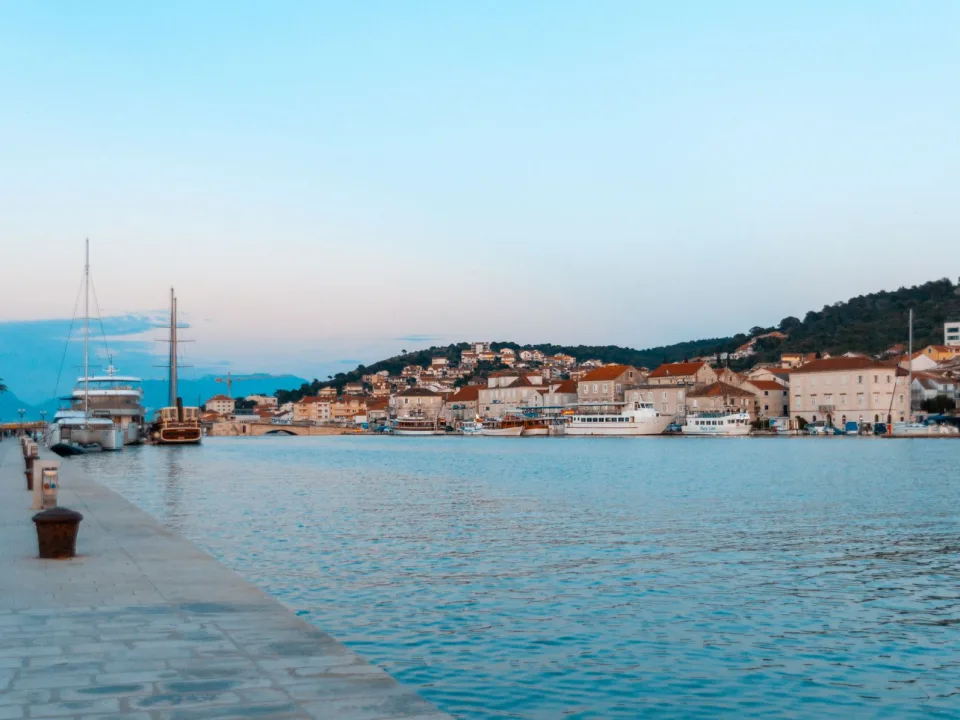 Boats and waterfront buildings at Trogir harbour.