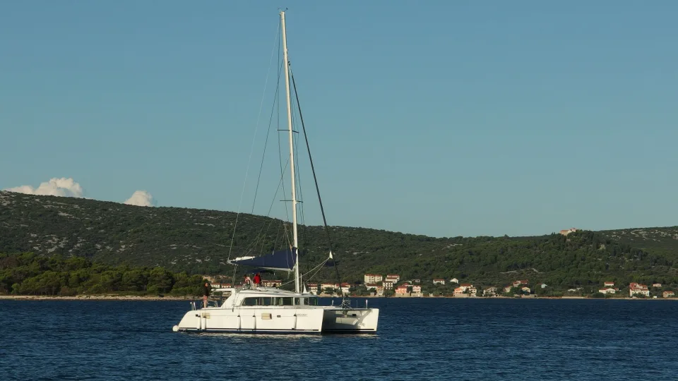 A sailing catamaran on the Adriatic in Croatia.