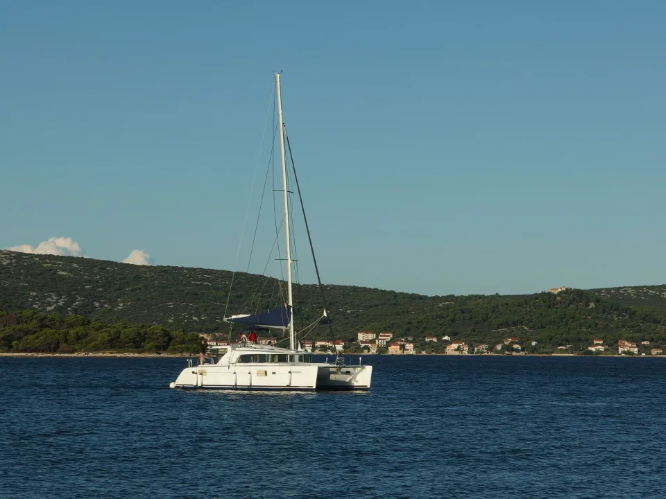 A sailing catamaran on the Adriatic in Croatia.