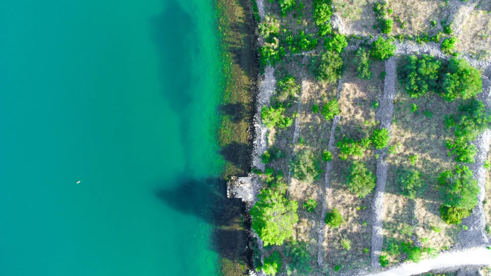 Aerial view of the coast and blue water in the Šibenik area.