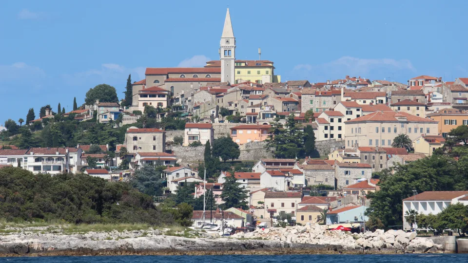 Regional view of Vrsar town and its church tower on the Istrian coast