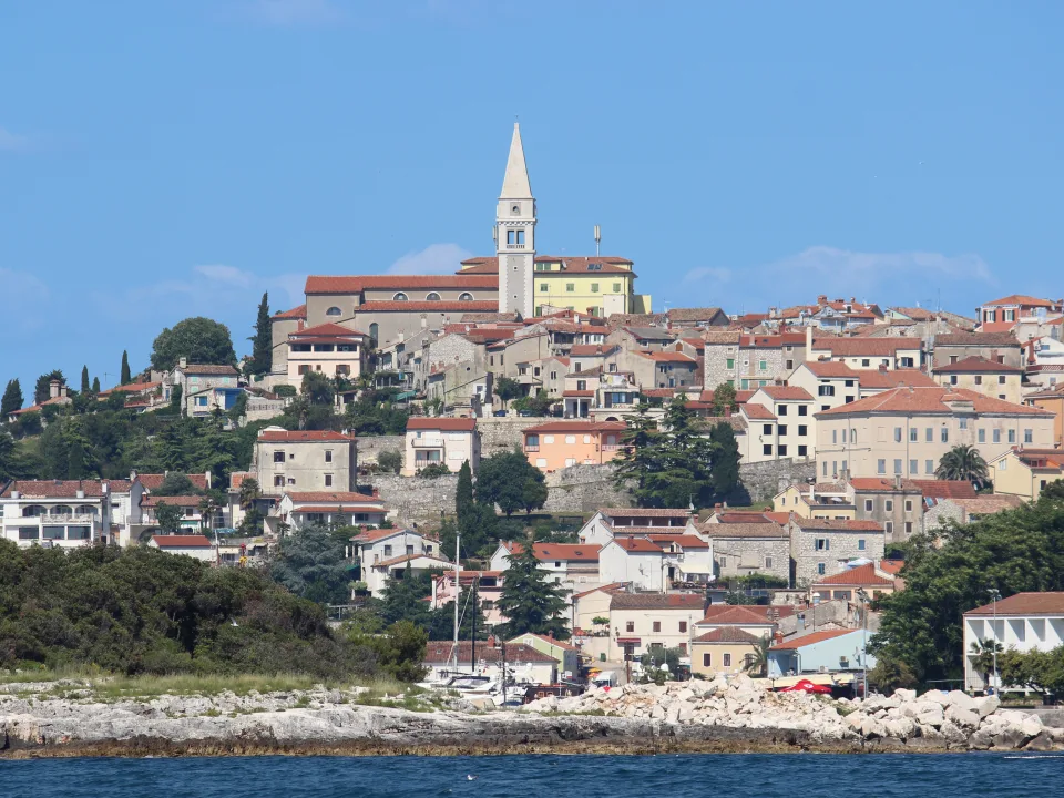Regional view of Vrsar town and its church tower on the Istrian coast