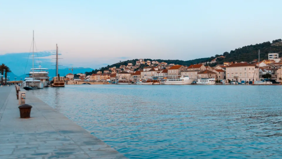 Regional view of Trogir harbour and its waterfront at dusk