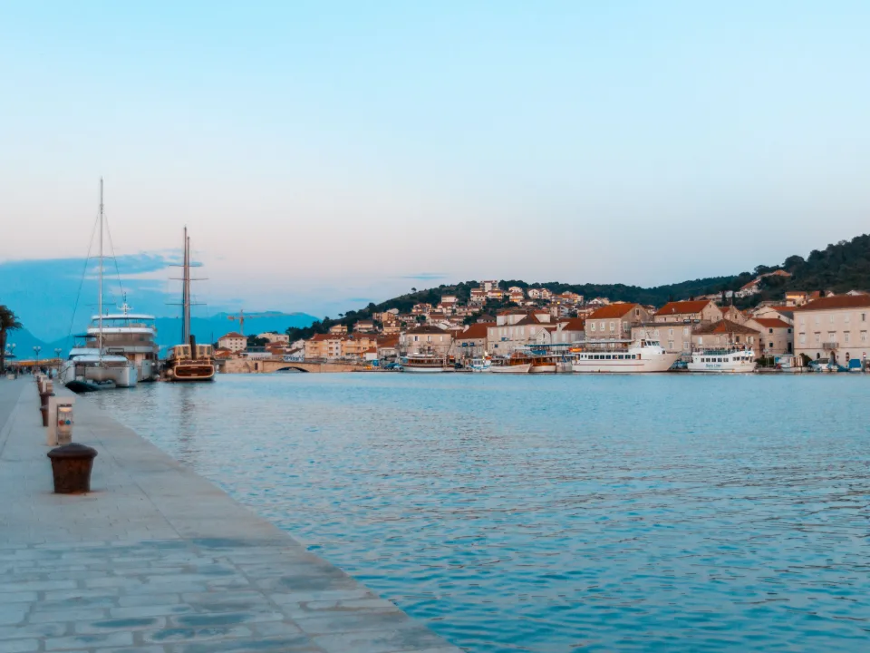 Regional view of Trogir harbour and its waterfront at dusk