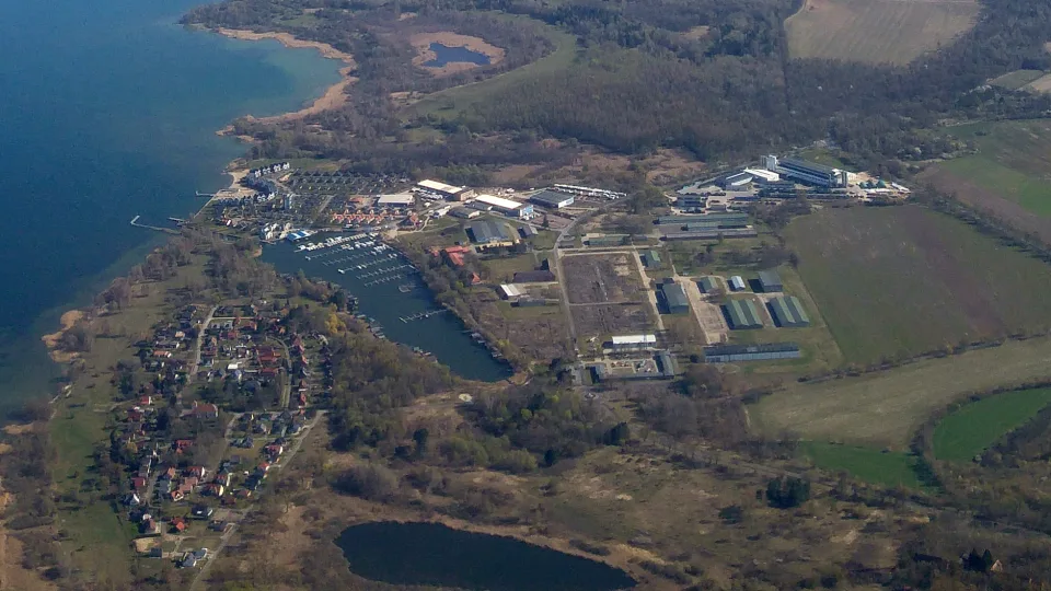 Aerial view of Claassee and its marina shore in Rechlin