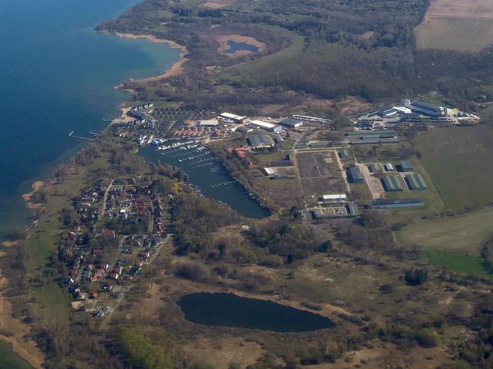 Aerial view of Claassee and its marina shore in Rechlin