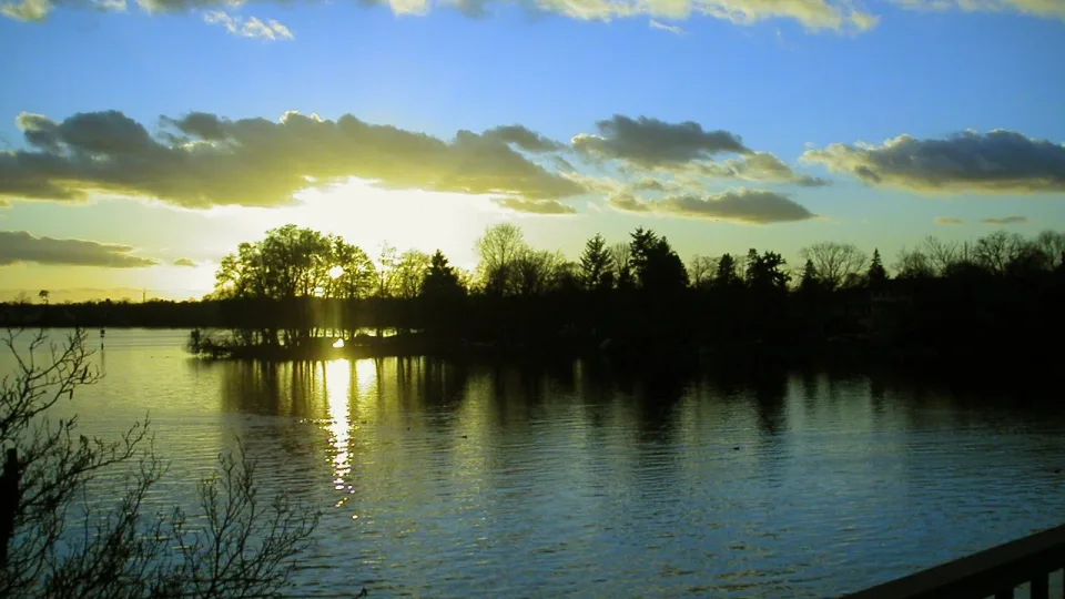 Regional lake context: sunset looking south over Zeuthener See from the Schmöckwitz bridge in Berlin
