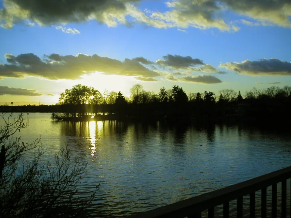 Regional lake context: sunset looking south over Zeuthener See from the Schmöckwitz bridge in Berlin