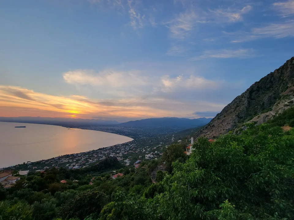 Kalamata coastline and mountains at sunset