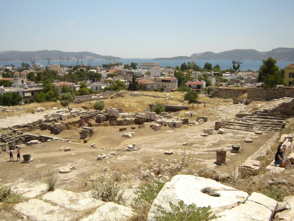 Elefsina archaeological site with the town and Saronic Gulf beyond