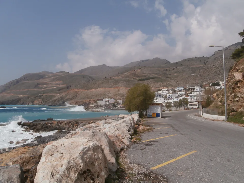 Chora Sfakion waterfront and mountains seen from the port entrance