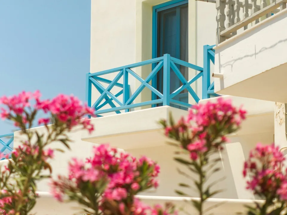 White house with blue balcony and pink flowers in Naoussa on Paros