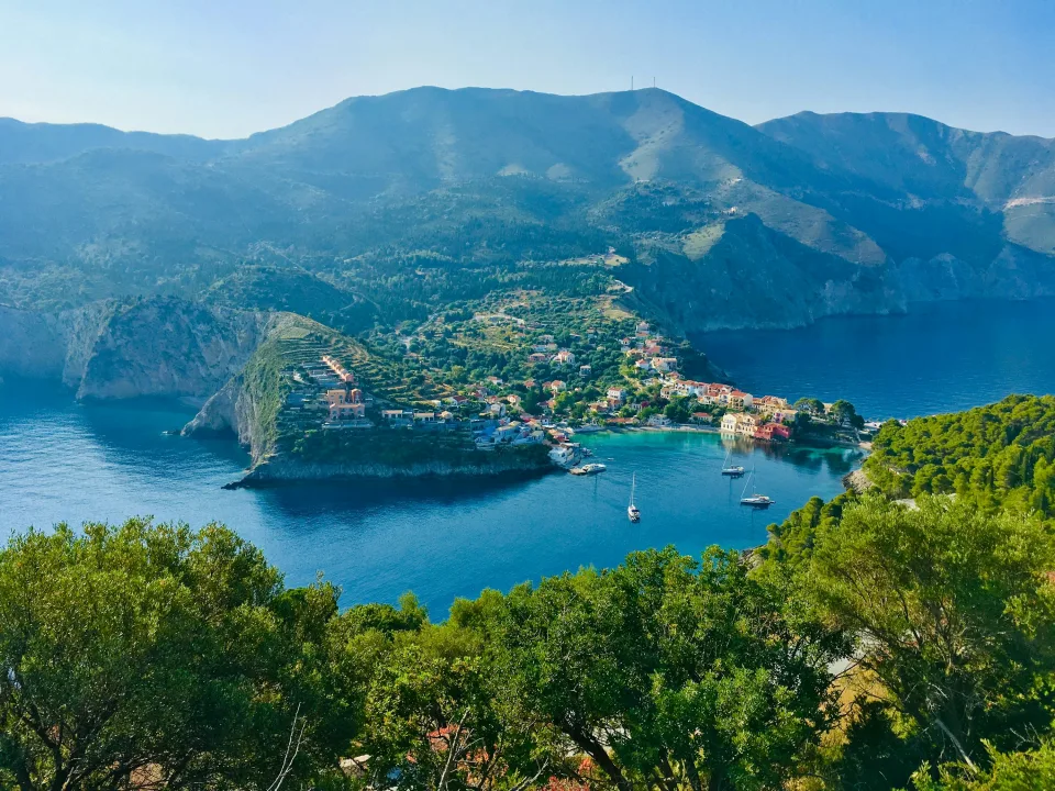 Asos village, green hills and blue bay on Kefalonia