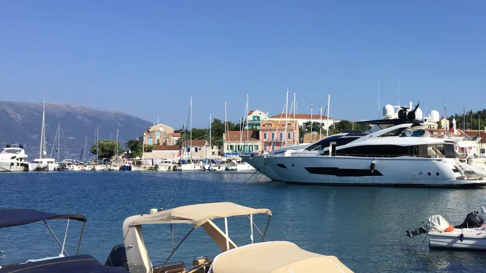 Yachts and waterfront buildings at Fiskardo on Kefalonia