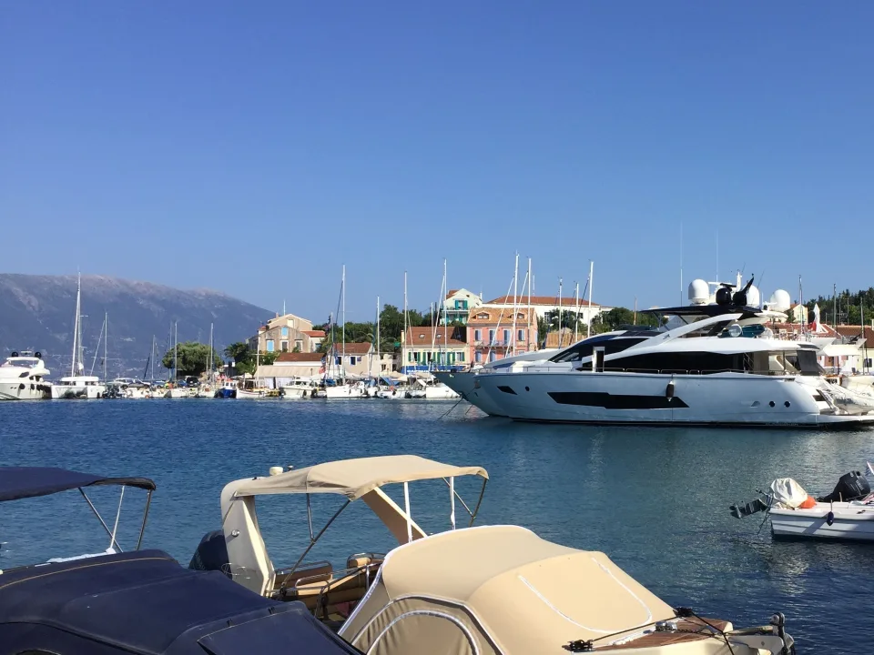 Yachts and waterfront buildings at Fiskardo on Kefalonia