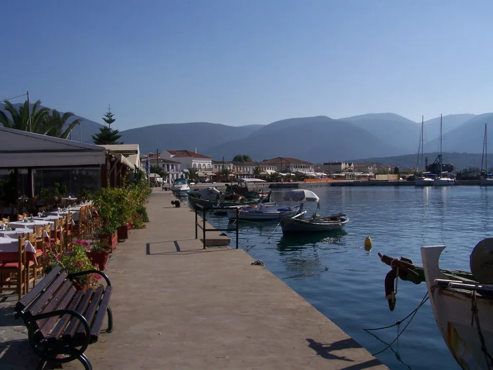 Waterfront buildings and boats at Sami on Kefalonia in 2007