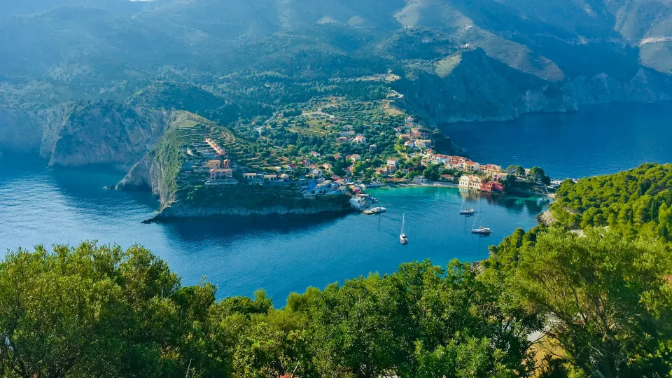 Regional view of Asos village and bay in northern Kefalonia
