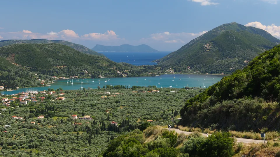 Regional view of a green coastal bay on Lefkada
