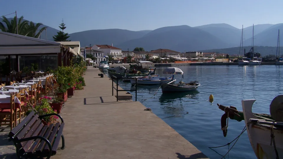 Regional view of waterfront buildings and boats at Sami on eastern Kefalonia in 2007