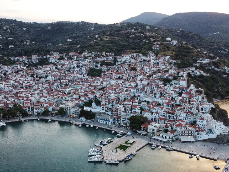 Regional aerial view of Skopelos town and harbour on the same island as Loutraki
