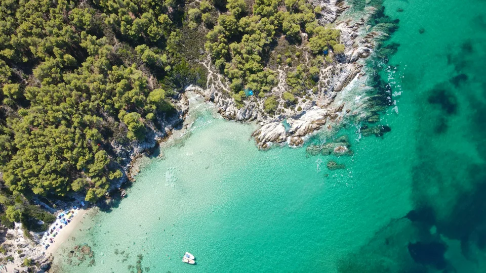 Regional aerial view of pine trees, rocks and turquoise sea at Kavourotrypes on Sithonia