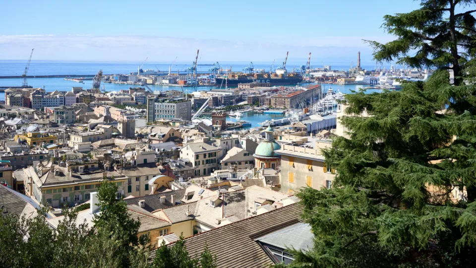 Genoa rooftops and harbour seen from above