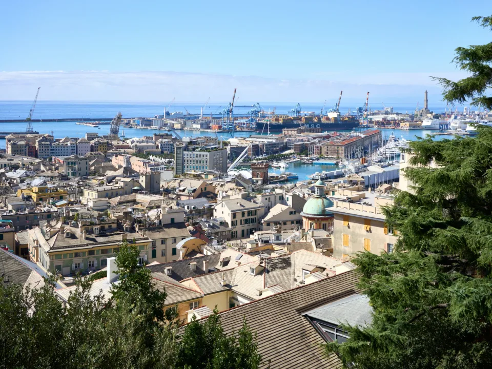 Genoa rooftops and harbour seen from above