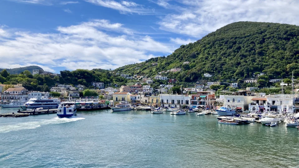 Ischia port with boats, waterfront buildings and a green hill behind