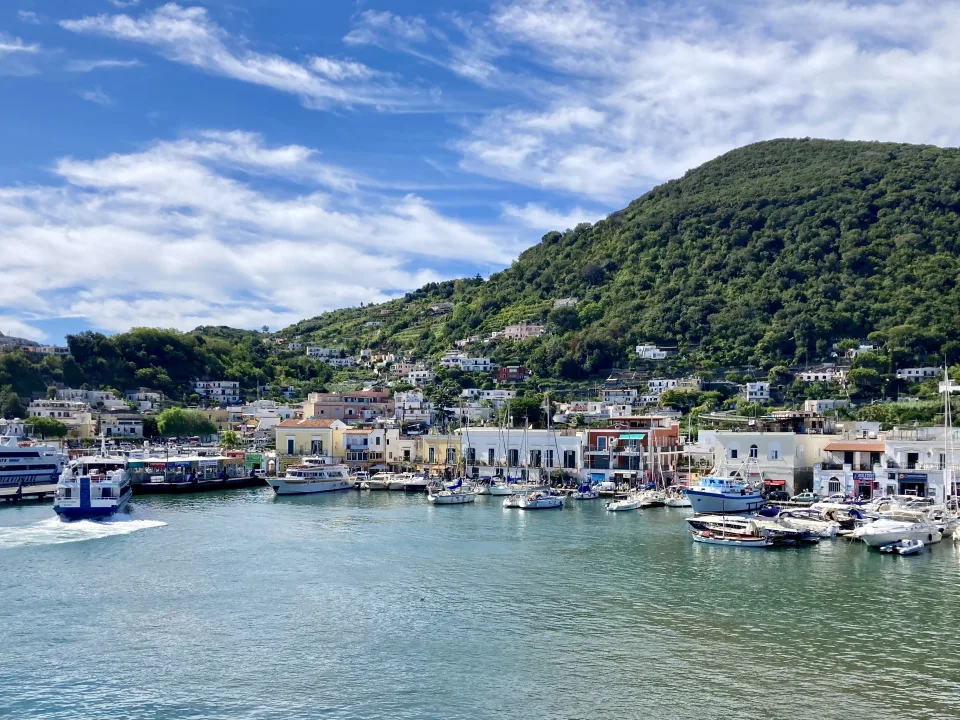 Ischia port with boats, waterfront buildings and a green hill behind