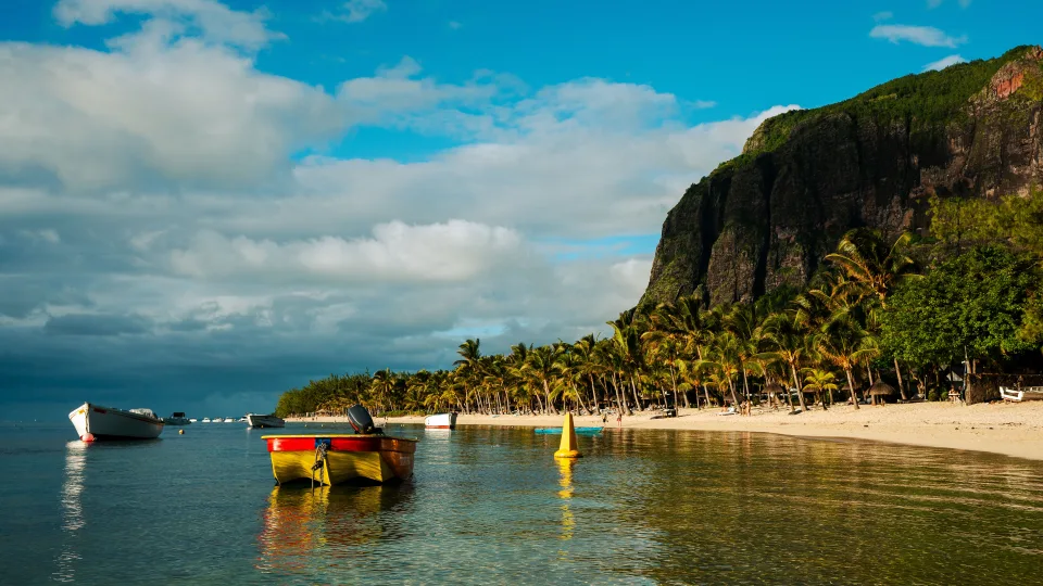Regional view of boats, palm trees and mountain slopes at Le Morne, Mauritius