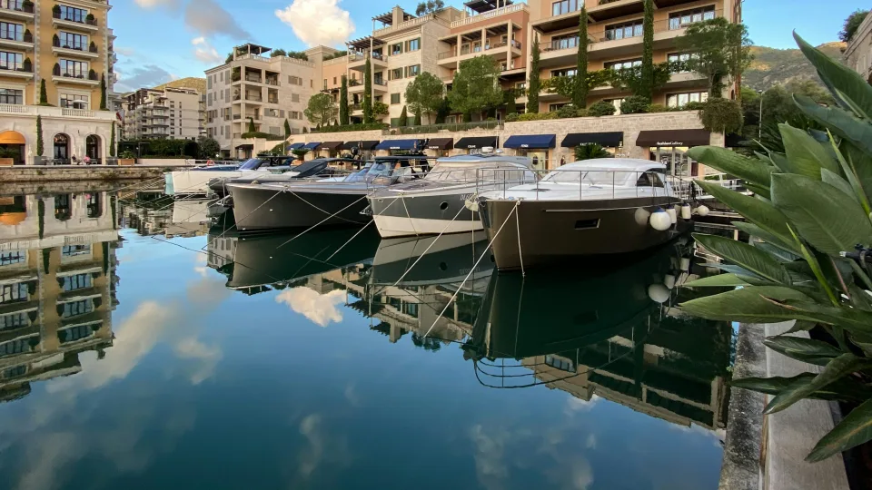 Boats and waterfront buildings at Porto Montenegro in Tivat