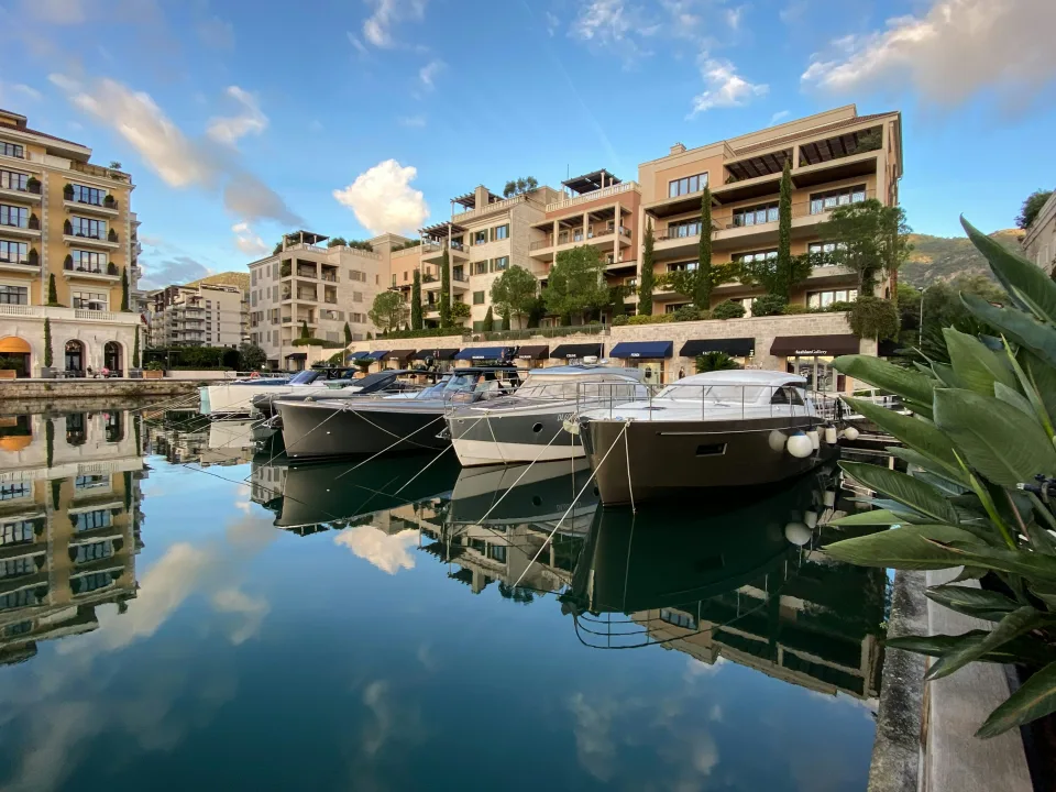 Boats and waterfront buildings at Porto Montenegro in Tivat