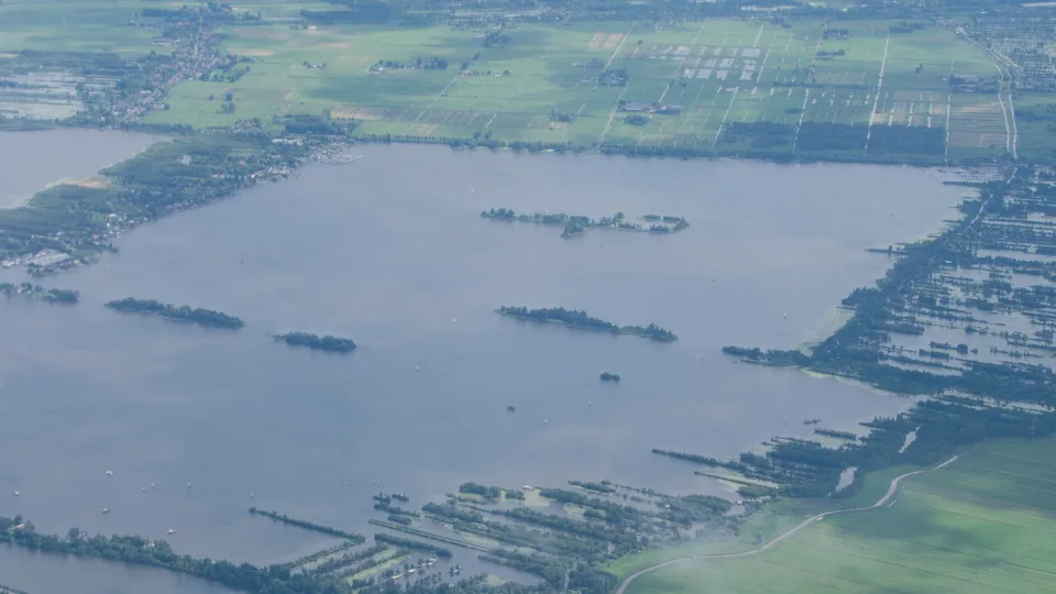 Aerial view of Loosdrecht lakes with islands and narrow strips of land