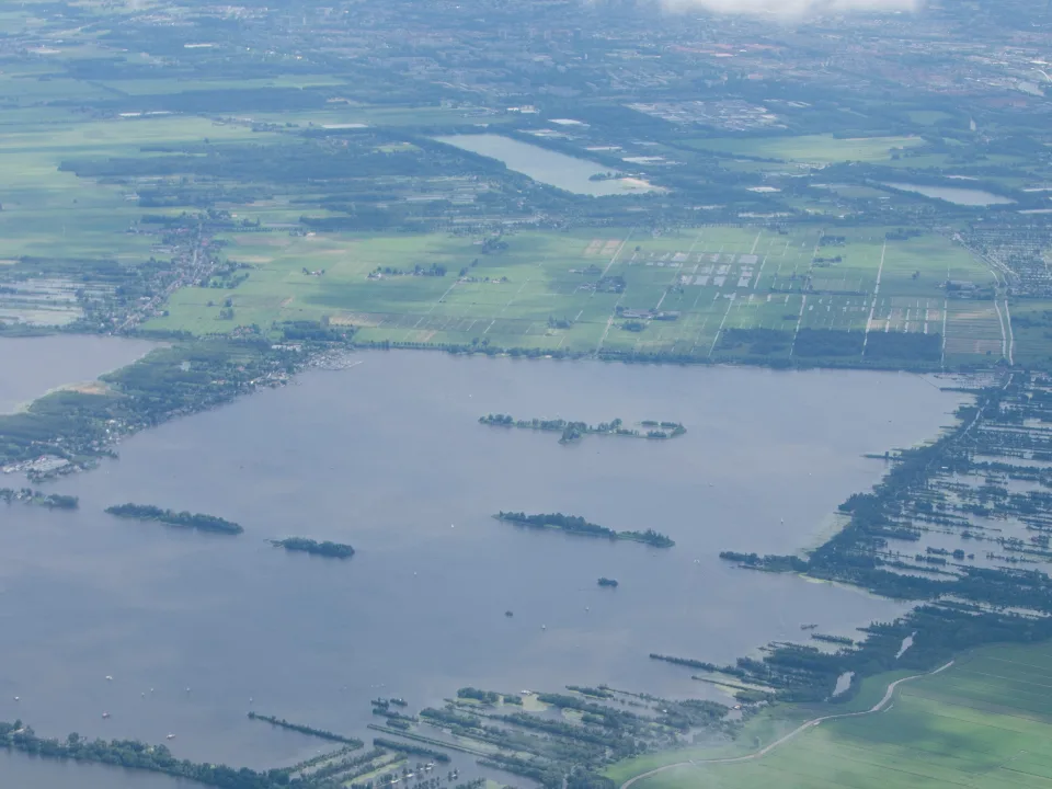 Aerial view of Loosdrecht lakes with islands and narrow strips of land