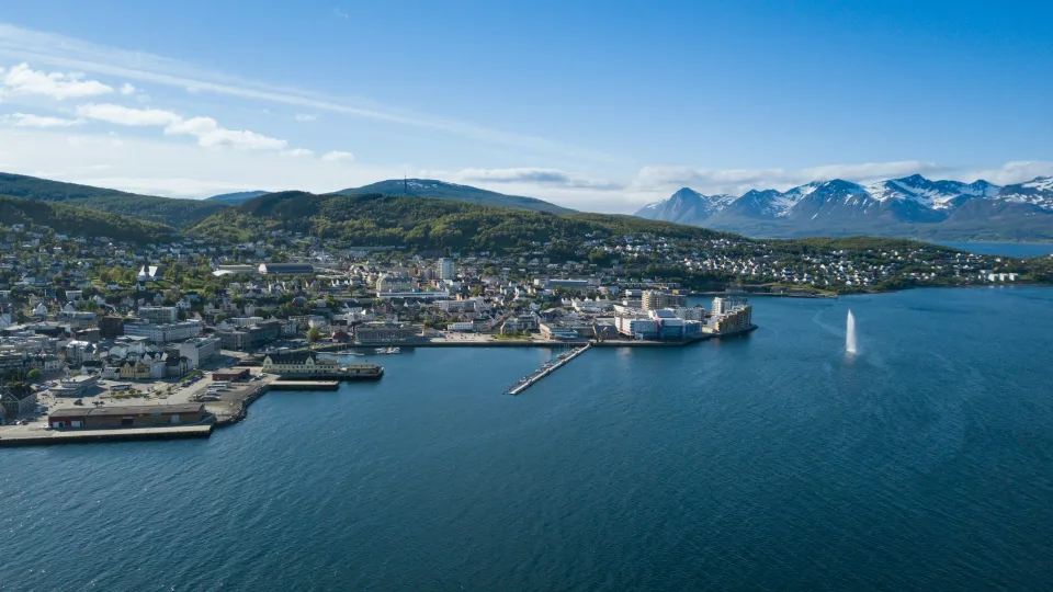 Harstad harbour and coastal mountain landscape, Norway