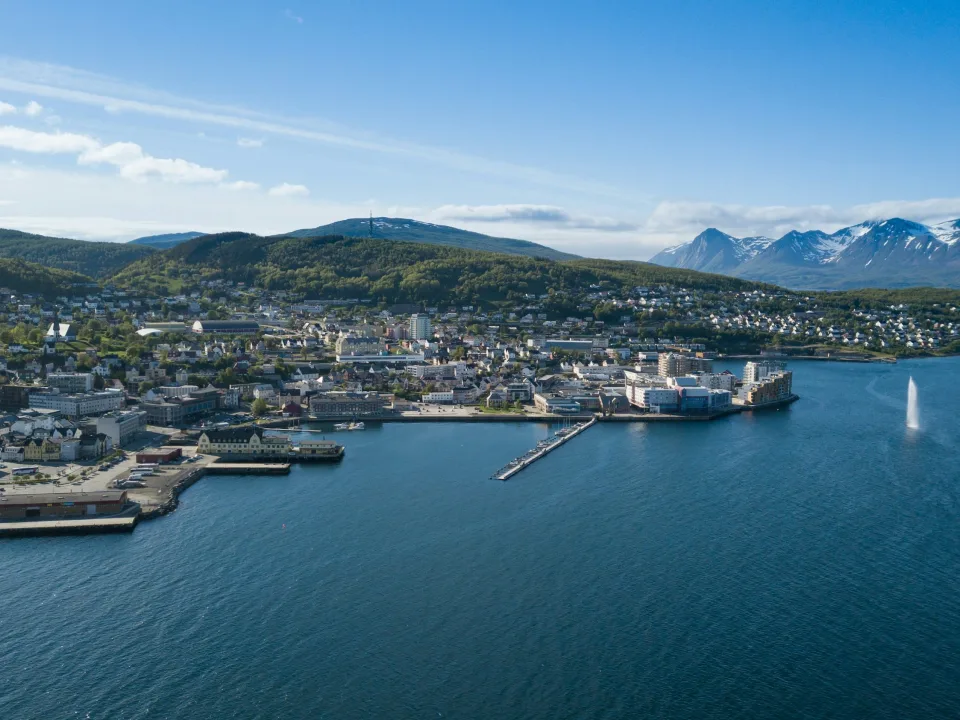 Harstad harbour and coastal mountain landscape, Norway