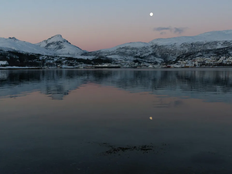 Regional Kvaløya coastal landscape with snowy mountains and moon, Norway