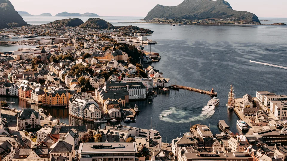 Regional harbour and coastal city scenery in Ålesund, Norway
