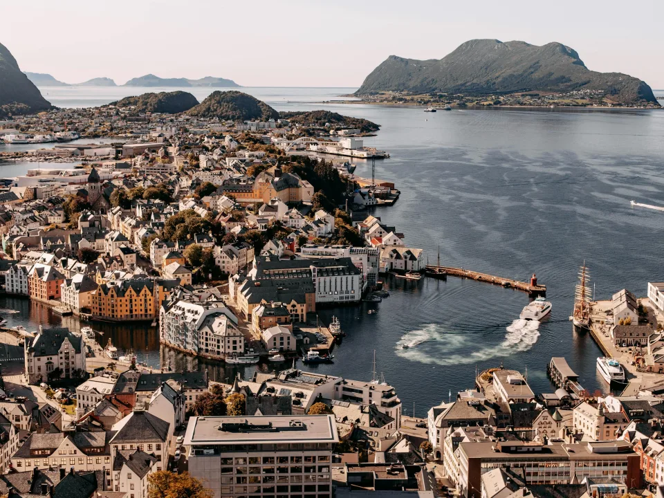 Regional harbour and coastal city scenery in Ålesund, Norway