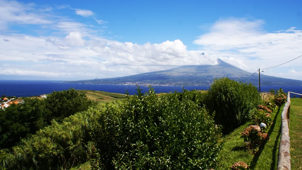 Regional scenery: Sea and Pico island viewed from Nossa Senhora da Conceição viewpoint in Horta, Faial