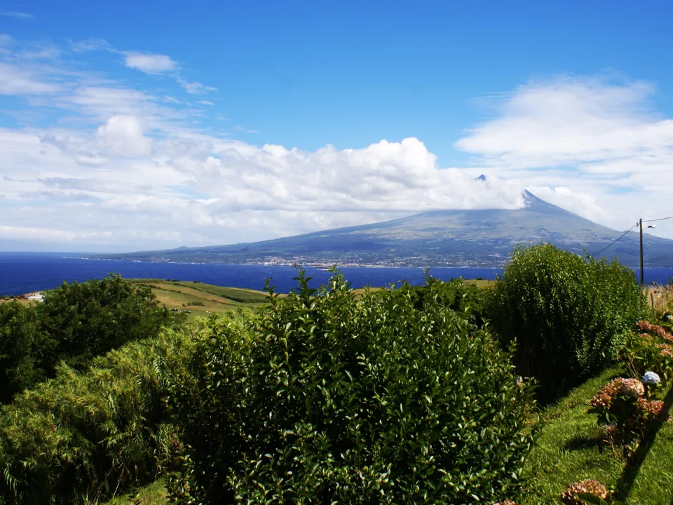 Regional scenery: Sea and Pico island viewed from Nossa Senhora da Conceição viewpoint in Horta, Faial