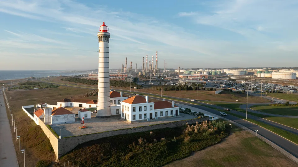 Aerial view of a lighthouse and coastal grounds at Leça da Palmeira in Portugal