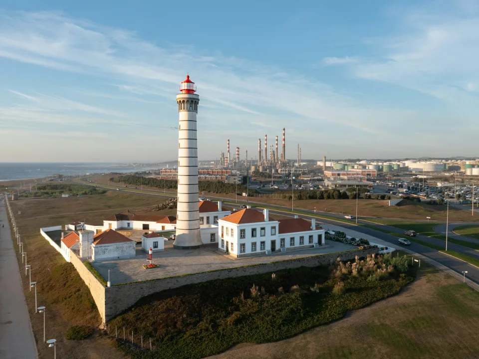 Aerial view of a lighthouse and coastal grounds at Leça da Palmeira in Portugal